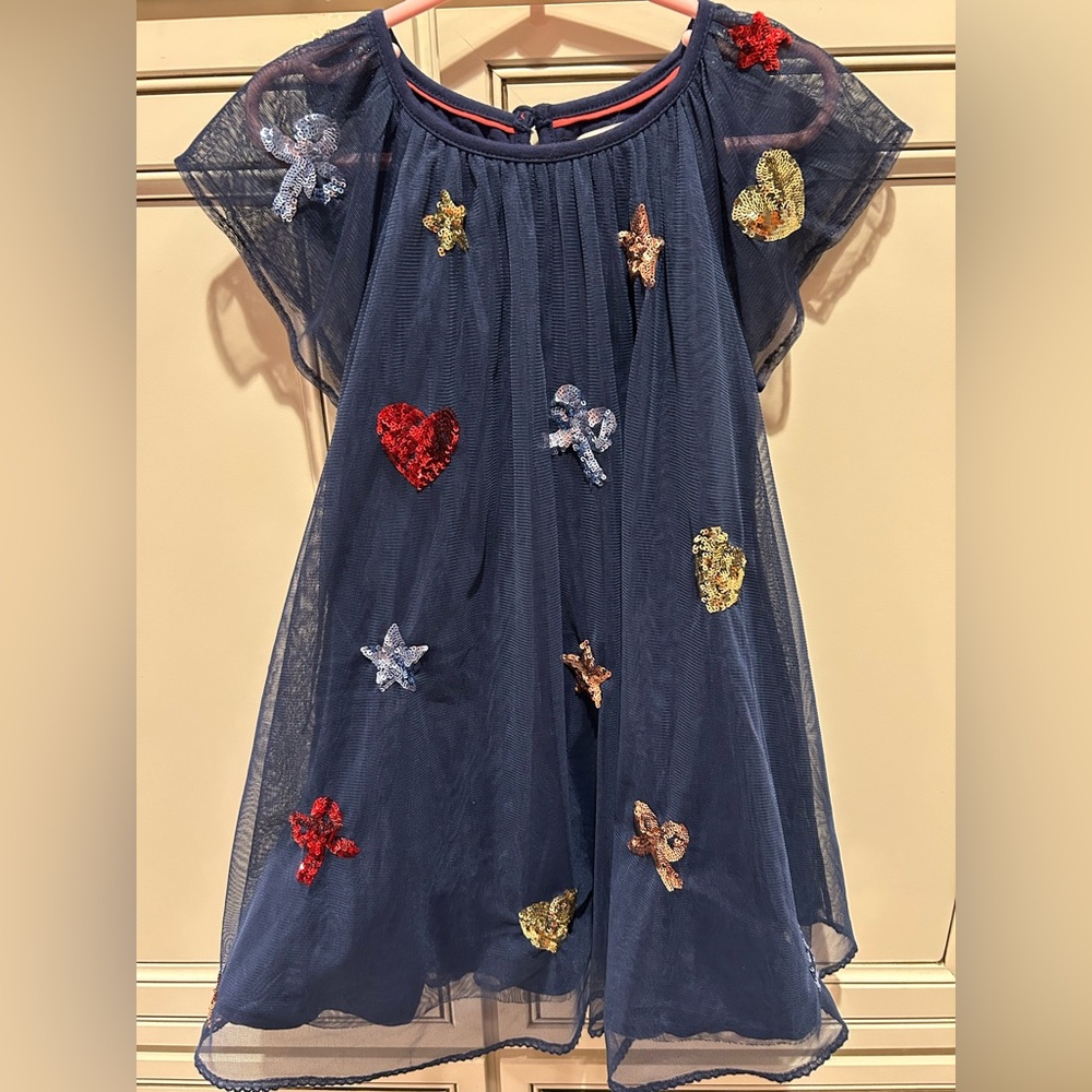 Mini Boden Navy Dress with Tulle Overlay and Sequin appliqués